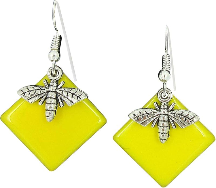 Summerfield Collection Silver-tone Yellow Enamel Bee Charm Dangle Earrings