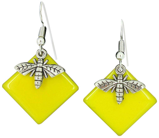 Silver-tone Yellow Enamel Bee Charm Dangle Earrings