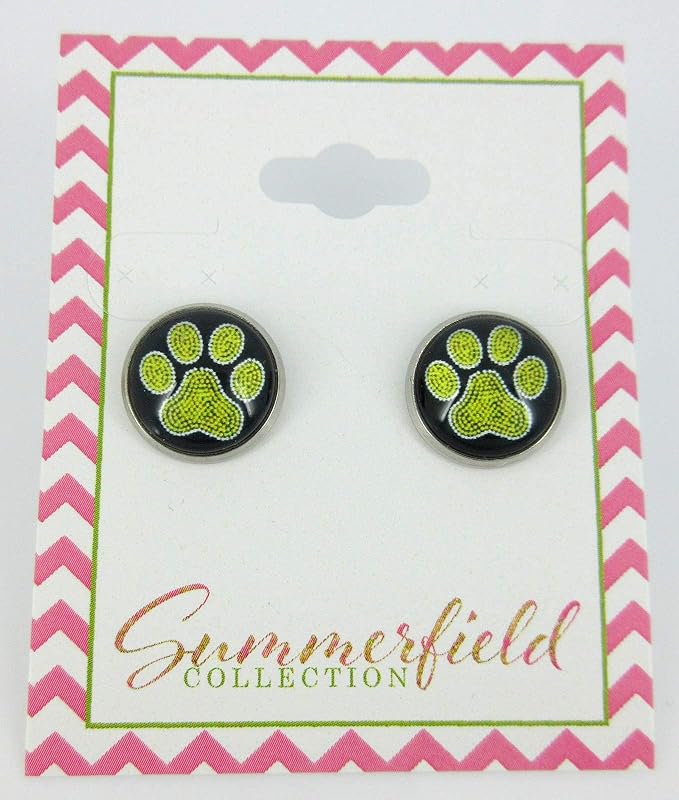 Summerfield Collection Stainless Steel Paw Print Glass Stud Earrings 12mm (Yellow)