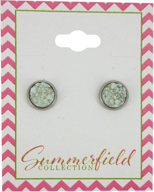 Summerfield Collection Stainless Steel Glitter Faux Druzy Stone Stud Earrings 8mm (White AB)