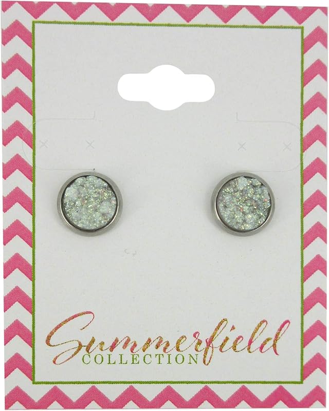 Summerfield Collection Stainless Steel Glitter Faux Druzy Stone Stud Earrings 8mm (White AB)
