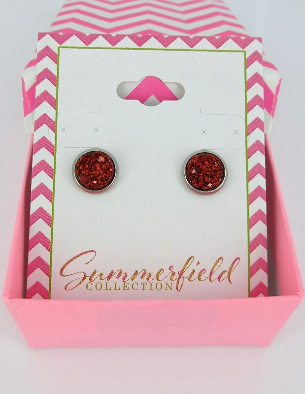 Summerfield Collection Stainless Steel Glitter Faux Druzy Stone Stud Earrings 8mm (Red)