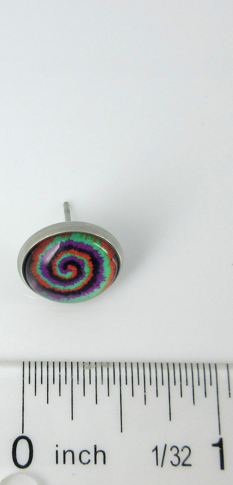 Stainless Steel Tie Dye Print Glass Stud Earrings 12mm (Halloween Swirl)