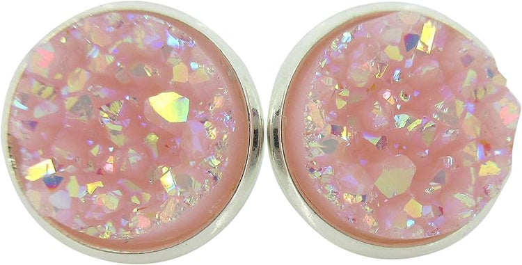 Summerfield Collection Silver-tone Pastel AB Faux Druzy Stone Stud Earrings 12mm (Ballet Pink)