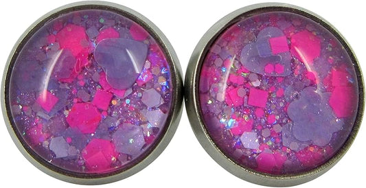 Summerfield Collection Stainless Steel Lavender Purple and Hot Pink Glitter Glass Stud Earrings Hand-painted 10mm