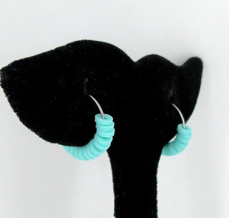 Summerfield Collection 15mm Stainless Steel Polymer Clay Katsuki Bead Hoop Earrings (Aqua Blue)