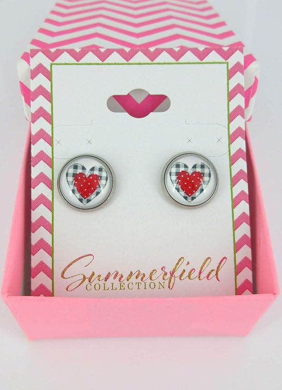 Summerfield Collection Stainless Steel Buffalo Plaid Print Glass Stud Earrings 12mm (White/Black/Red Heart)
