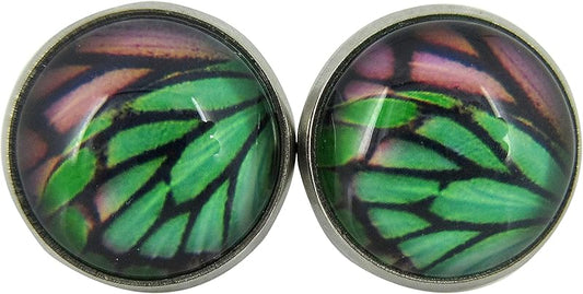 Summerfield Collection Stainless Steel Butterfly Wing Print Glass Stud Earrings 12mm (Green/Purple)