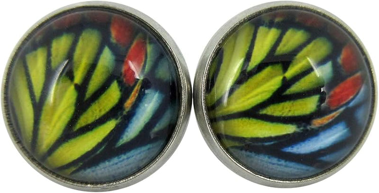 Summerfield Collection Stainless Steel Butterfly Wing Print Glass Stud Earrings 12mm (Yellow/Blue/Red)