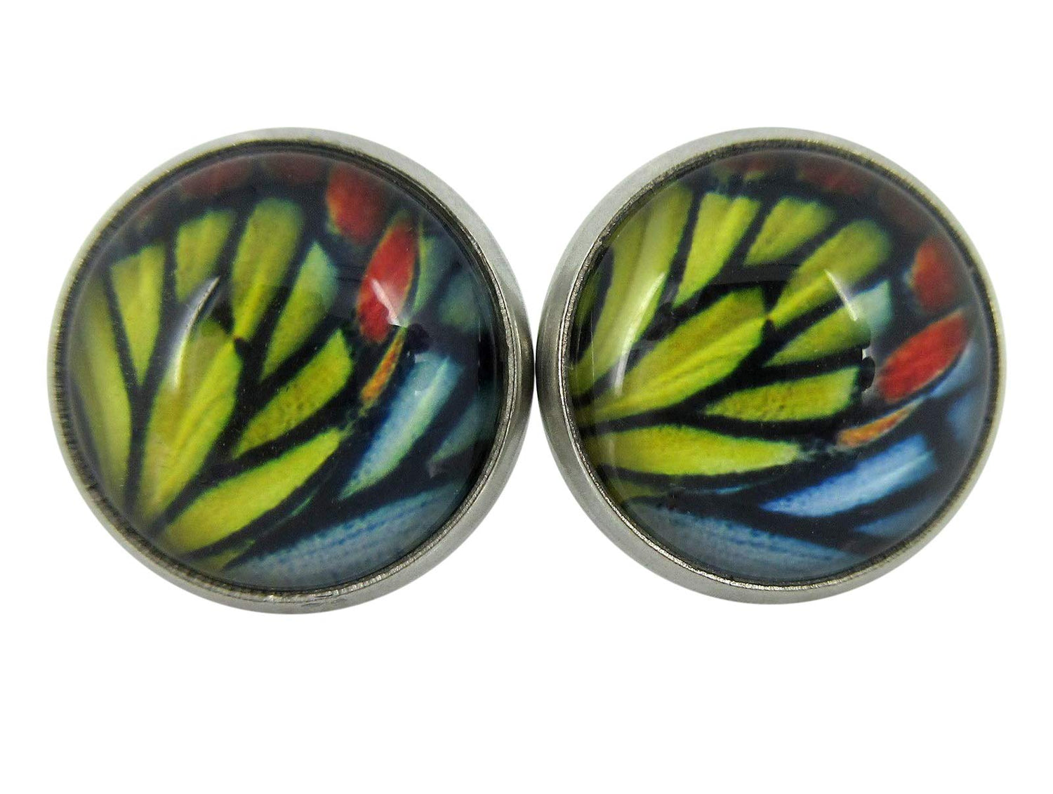 Stainless Steel Butterfly Wing Print Glass Stud Earrings 12mm