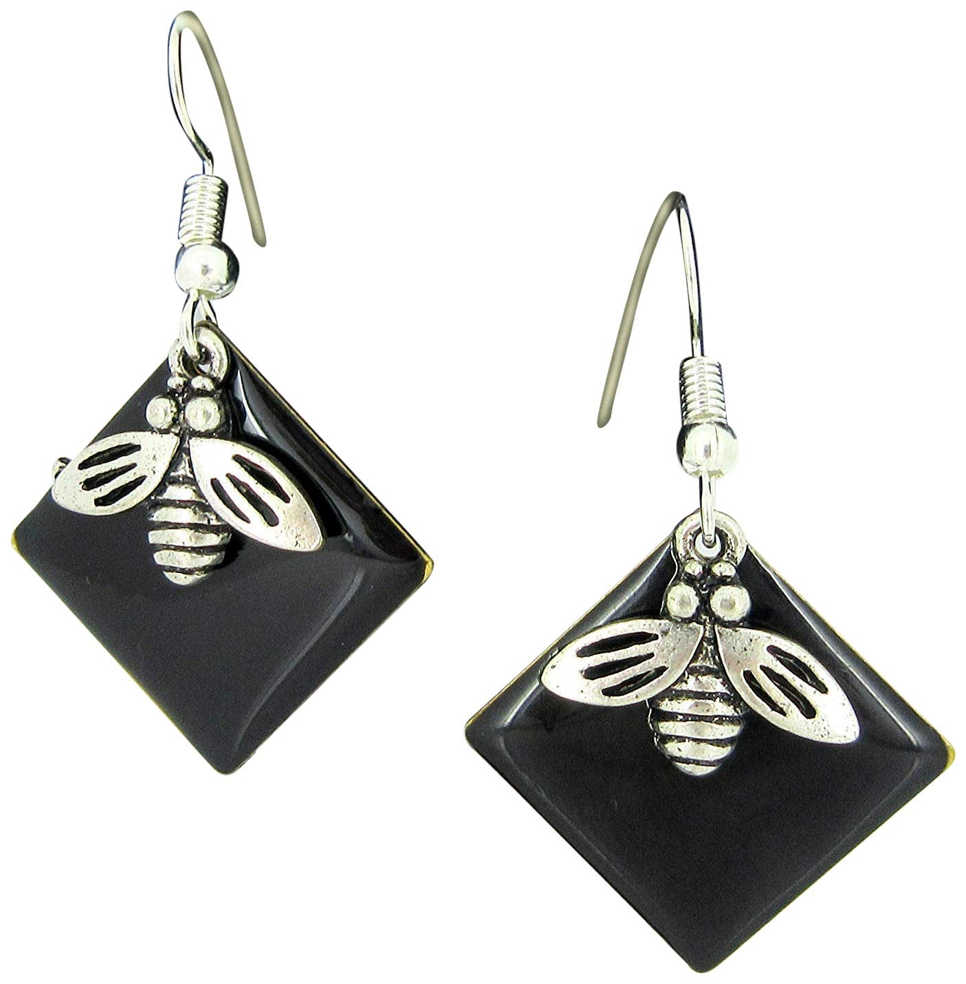 Silver-tone Black Enamel Fly Charm Dangle Earrings