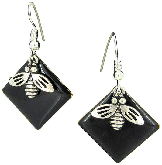 Silver-tone Black Enamel Fly Charm Dangle Earrings