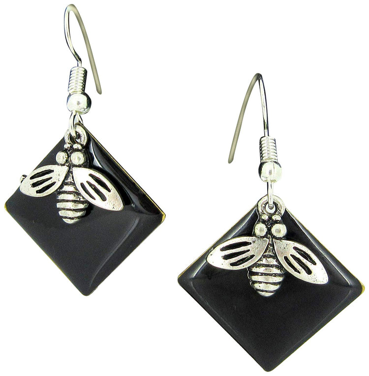 Silver-tone Black Enamel Fly Charm Dangle Earrings
