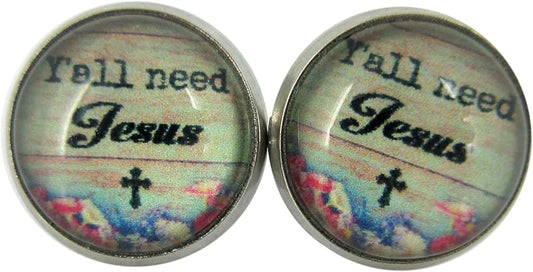 Summerfield Collection Stainless Steel Y'all need Jesus Print Glass Stud Earrings 12mm