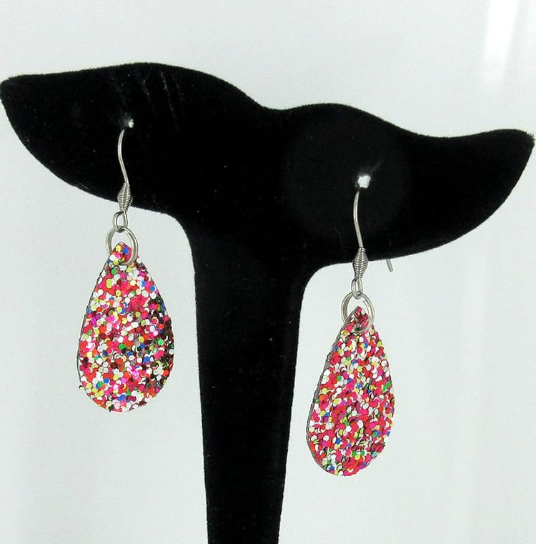 Summerfield Collection Multicolor Glitter Faux Leather Small Teardrop Dangle Earrings Stainless Steel Pink Silver White Green Gold Blue