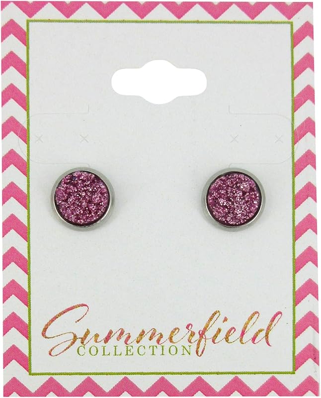Summerfield Collection Stainless Steel Glitter Faux Druzy Stone Stud Earrings 8mm (Medium Pink)