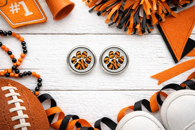 Stainless Steel Orange and Black Paw Print Glass Stud Earrings 12mm (Soft Paw)