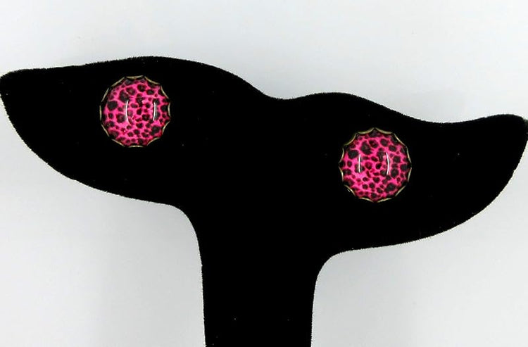Summerfield Collection Antiqued Gold-tone Animal Print Glass Stud Earrings 12mm (Hot Pink)