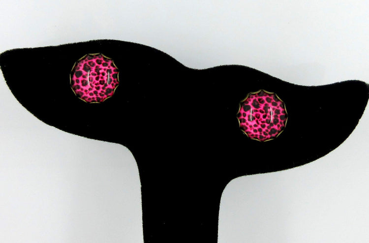 Antiqued Gold-tone Animal Print Glass Stud Earrings 12mm (Hot Pink)