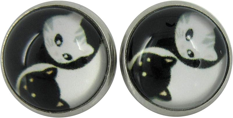 Summerfield Collection Stainless Steel Cat Lover Printed Glass Stud Earrings 12mm (Yin Yang Face)