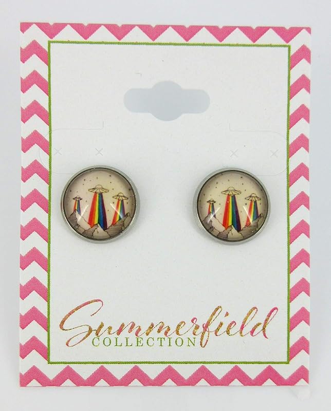 Summerfield Collection Stainless Steel Rainbow UFO Print Glass Stud Earrings 12mm
