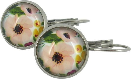 Summerfield Collection Stainless Steel Pink Flower Printed Glass Lever-back Drop Earrings 12mm