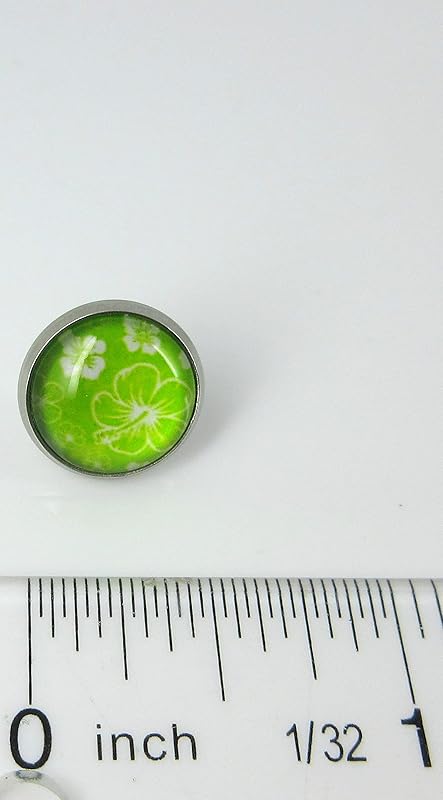 Summerfield Collection Stainless Steel Hibiscus Flower Print Glass Stud Earrings 12mm Hawaiian (Lime Green)