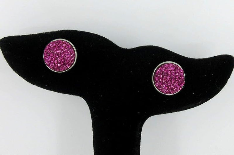 Summerfield Collection Trio Stainless Steel Glitter Faux Druzy Stone Stud Earrings Set 12mm (Pink/Purple)