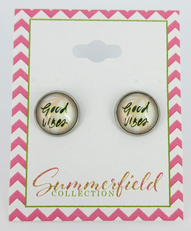 Summerfield Collection Stainless Steel Good Vibes Print Glass Stud Earrings 12mm (Peachy Pink)