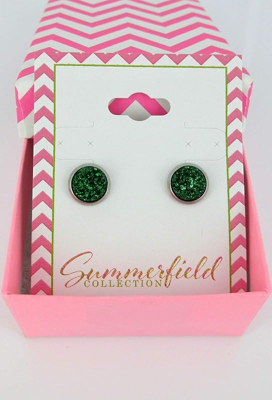 Summerfield Collection Stainless Steel Glitter Faux Druzy Stone Stud Earrings 8mm (Shamrock Green)
