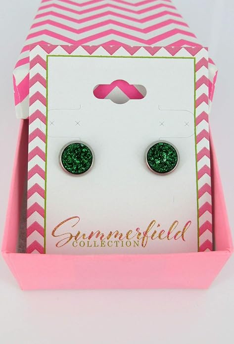 Stainless Steel Glitter Faux Druzy Stone Stud Earrings 8mm (Shamrock Green)