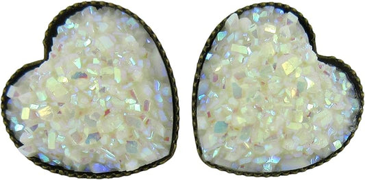 Summerfield Collection Antiqued Gold-tone White AB Heart Faux Druzy Stone Stud Earrings 12mm
