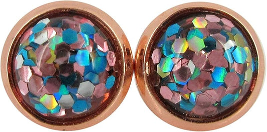 Summerfield Collection Rose Gold-tone Aqua Blue Silver and Pink Glitter Resin Stud Earrings 8mm