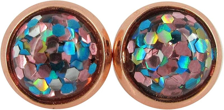 Summerfield Collection Rose Gold-tone Aqua Blue Silver and Pink Glitter Resin Stud Earrings 8mm