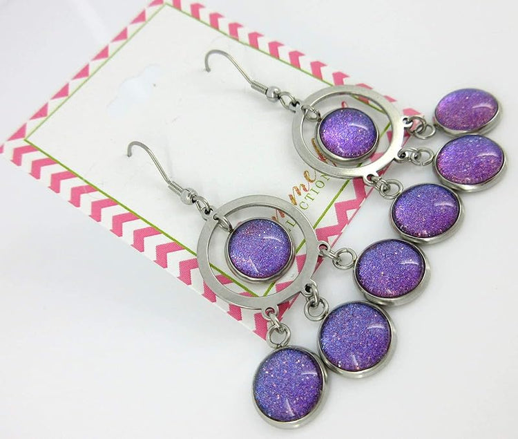 Summerfield Collection Stainless Steel Colorshifting Glitter Glass Chandelier Dangle Earrings Handpainted (Purple)