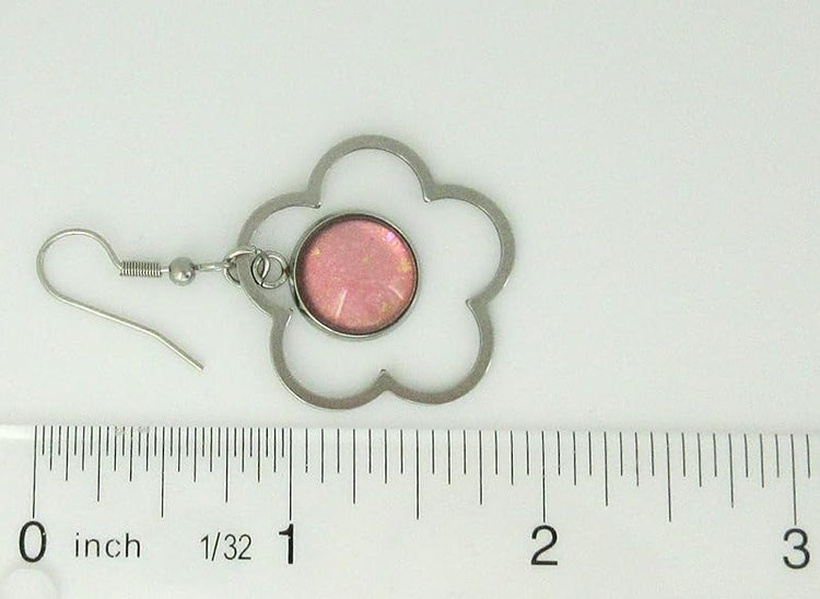 Summerfield Collection Stainless Steel Pink and Iridescent Glitter Flake Glass Flower Charm Dangle Earrings Handpainted