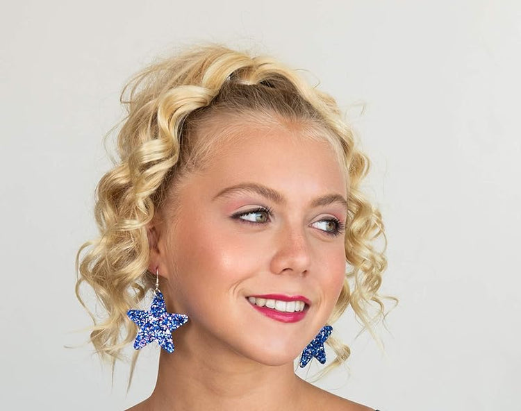 Summerfield Collection Glitter Faux Leather Large Star Dangle Earrings (Blue with Pink and Black)