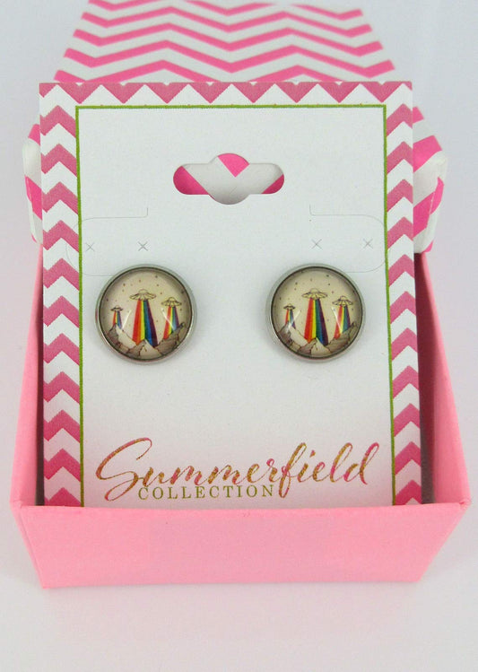 Stainless Steel Rainbow UFO Print Glass Stud Earrings 12mm
