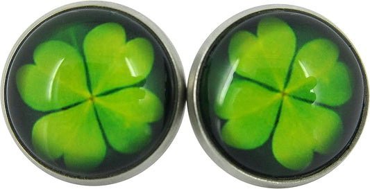 Summerfield Collection Stainless Steel Lucky 4 Leaf Clover Print Glass Stud Earrings 12mm