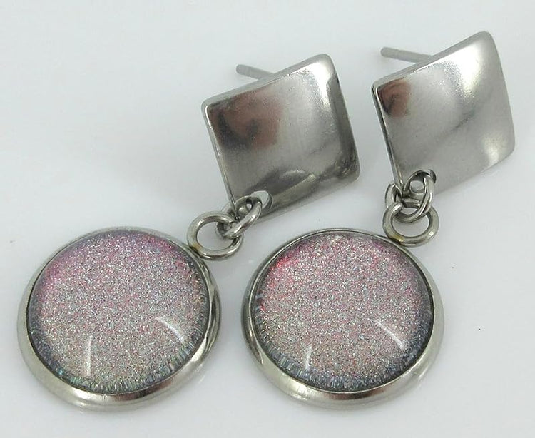 Summerfield Collection Stainless Steel Colorshifting Opalescent Pink Holographic Glitter Glass Post Drop Earrings Handpainted