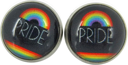 Summerfield Collection Stainless Steel Rainbow Pride Print Glass Stud Earrings 12mm Black