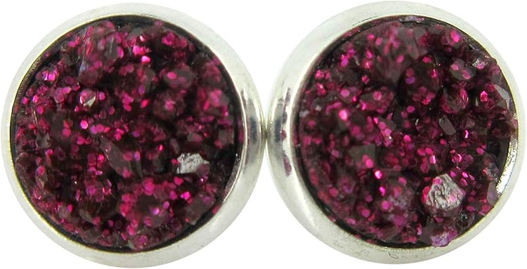 Summerfield Collection Silver-tone Maroon with Pink Glitter Faux Druzy Stone Stud Earrings (8mm)