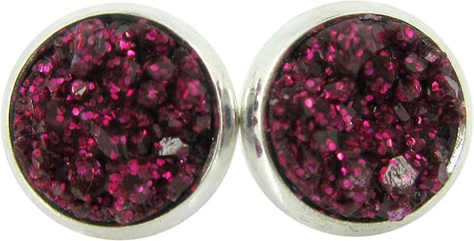 Summerfield Collection Silver-tone Maroon with Pink Glitter Faux Druzy Stone Stud Earrings (8mm)