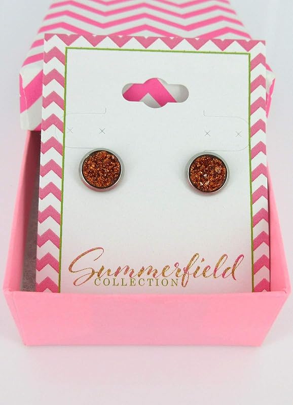Summerfield Collection Stainless Steel Glitter Faux Druzy Stone Stud Earrings 8mm (Orange)