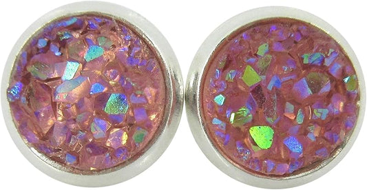 Summerfield Collection Silver-tone Faux Druzy Stone Stud Earrings 8mm (Pink AB)