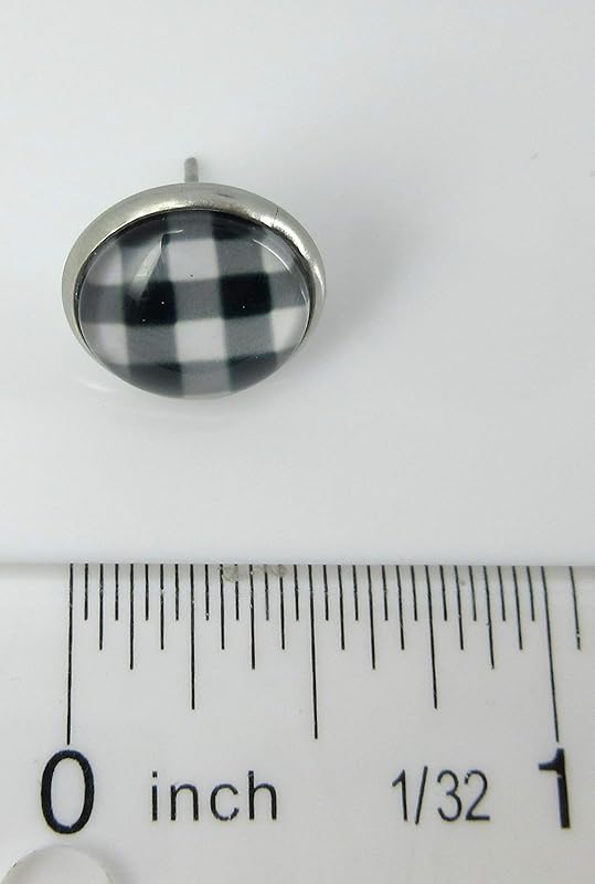 Summerfield Collection Stainless Steel Buffalo Plaid Print Glass Stud Earrings 12mm (White/Black)