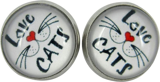 Summerfield Collection Stainless Steel Cat Lover Printed Glass Stud Earrings 12mm (Love Cats Whisker Face)