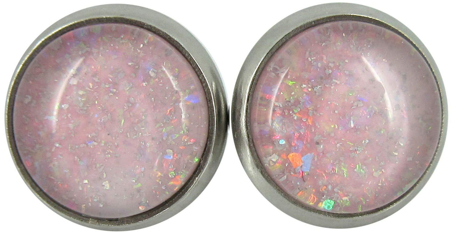 Stainless Steel Pale Pink and Iridescent Glitter Glass Stud Earrings Hand-painted 10mm