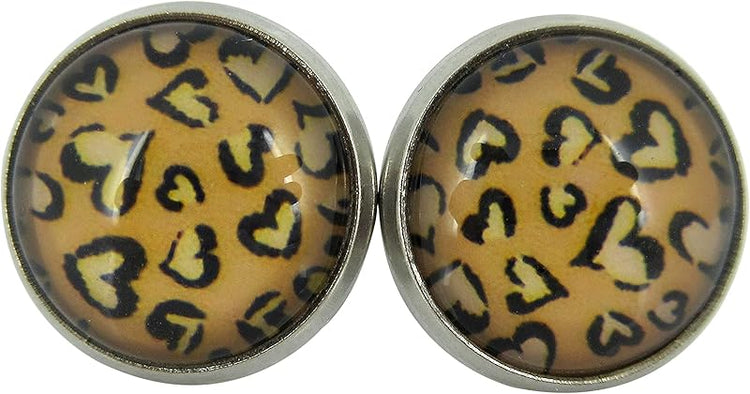 Summerfield Collection Stainless Steel Heart Cheetah Animal Print Glass Stud Earrings 12mm Black Brown
