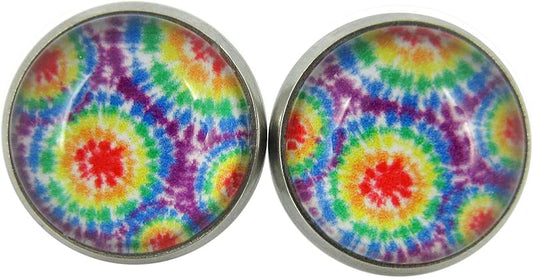 Summerfield Collection Stainless Steel Tie Dye Print Glass Stud Earrings 12mm (Rainbow)